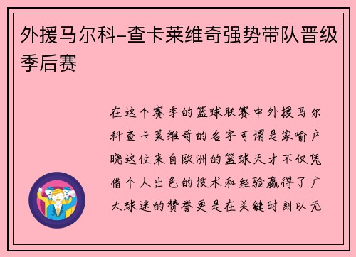 外援马尔科-查卡莱维奇强势带队晋级季后赛 外援马尔科-查卡莱维奇强势带队晋级季后赛